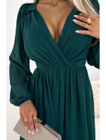 MILA - Zelené dámske šifónové midi šaty s dlhými rukávmi a výstrihom 538-2