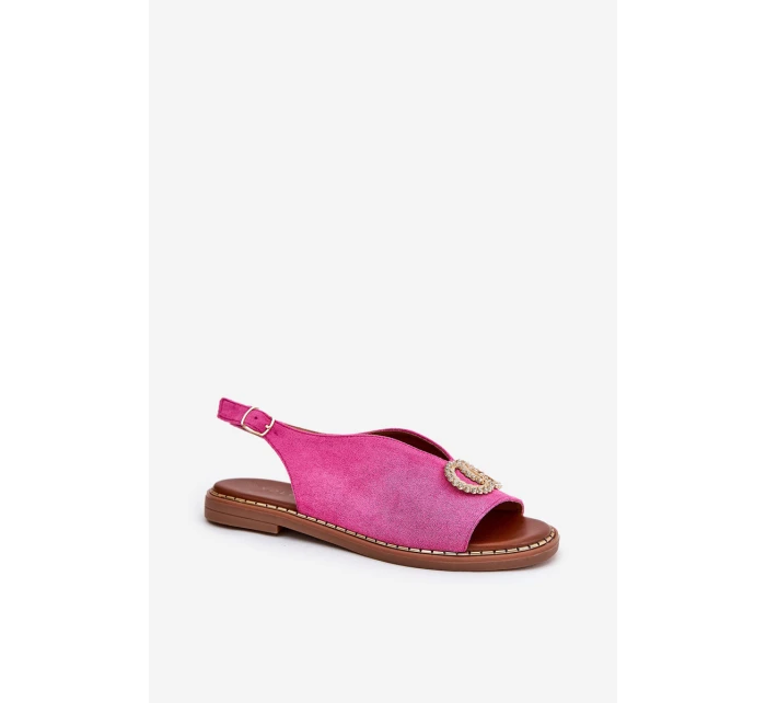 Sandały Damskie Z Ozdobą Na Płaskim Obcasie Eko Zamszowe Różowe Ralisses