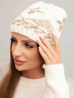 Dámská zimní čepice z vlny a s barevným vzorem model 21753185 ecru - K-Fashion
