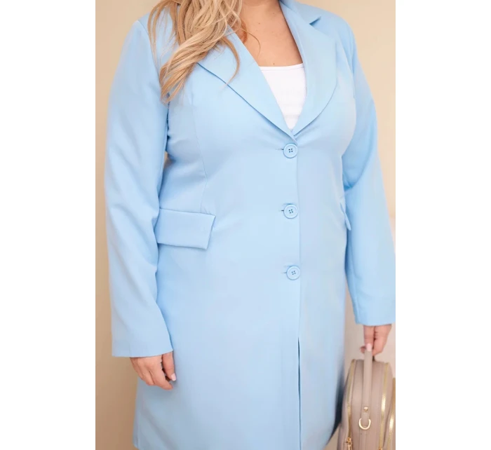 Dámský kabát Plus Size dlouhý s límcem a kapsami modrý