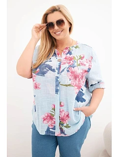 Dámske bavlnené Plus veľkosť V-neck blúzka s kvetinovým vzorom modrá