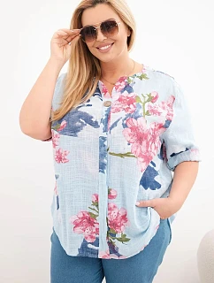 Dámske bavlnené Plus veľkosť V-neck blúzka s kvetinovým vzorom modrá