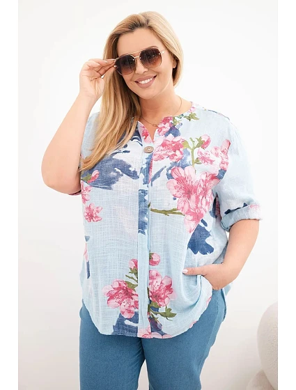 Dámske bavlnené Plus veľkosť V-neck blúzka s kvetinovým vzorom modrá Dámske bavlnené Plus veľkosť V-neck blúzka s kvetinovým vzorom modrá