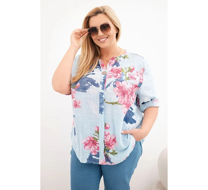 Dámske bavlnené Plus veľkosť V-neck blúzka s kvetinovým vzorom modrá Dámske bavlnené Plus veľkosť V-neck blúzka s kvetinovým vzorom modrá