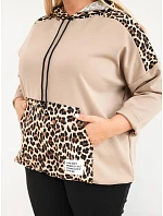 Dámska mikina Plus Size z viskózy s kapucňou a leopardovými vsadkami v kamelovej farbe