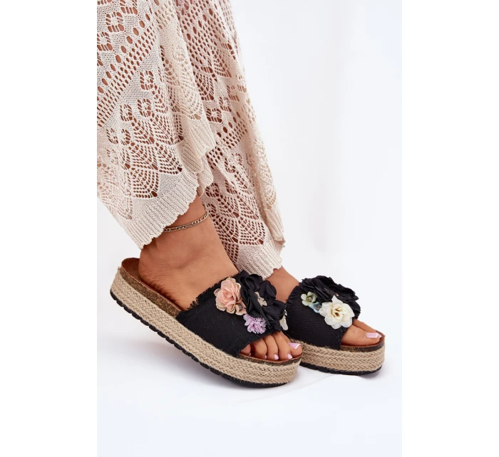 Klapki Damskie Z Kwiatami Platforma Z Plecionką Czarne Zenvanis Klapki Damskie Z Kwiatami Platforma Z Plecionką Czarne Zenvanis