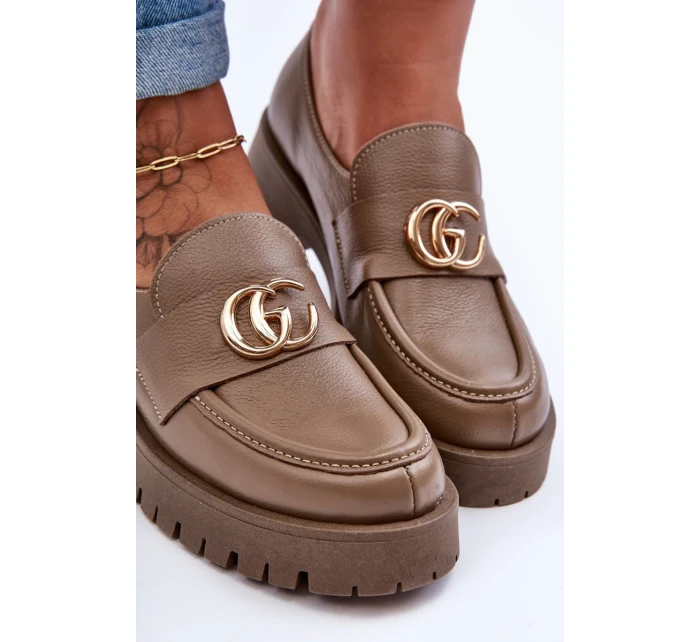 Damskie Półbuty Skórzane Z Ozdobą Ciemnobeżowe Rosefalls