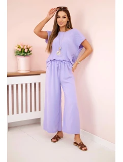 Viskózový komplet plisovaná halenka + kalhoty světle fialová
