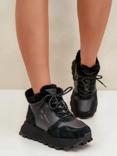 Skórzane Sneakersy Trapery Damskie Z Futerkiem Na Platformie Big Star OO274A329 Czarne