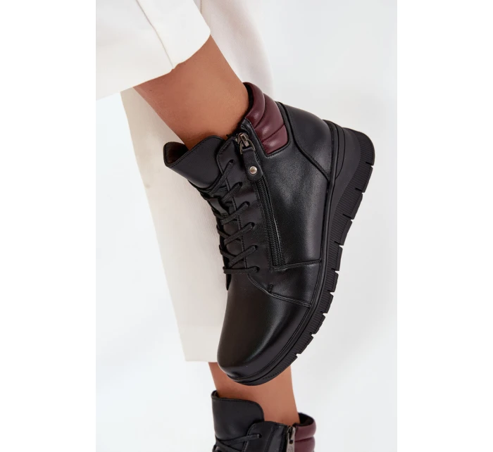 Skórzane Botki Damskie Na Koturnie Ocieplane Vinceza 39963 Czarne