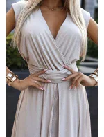 Elegantní béžové dlouhé dámské šaty s brokátem a s  vázání model 20110813 - numoco