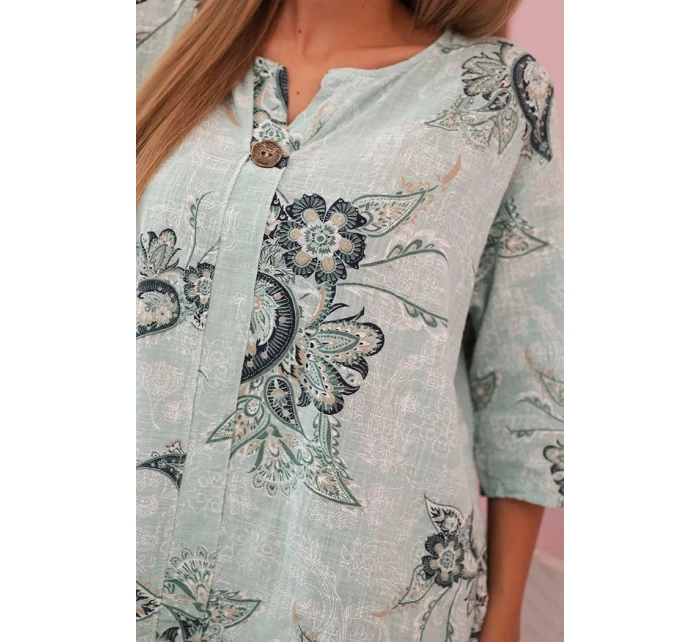 Dámska bavlnená blúzka s vyhrnutými rukávmi a paisley vzorom mätová Dámska bavlnená blúzka s vyhrnutými rukávmi a paisley vzorom mätová