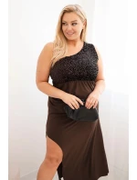 Dámská večerní šaty Plus Size na jedno rameno hnědá