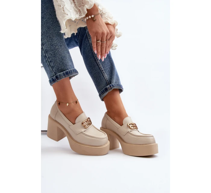 Zazoo 20170 Półbuty Skórzane Damskie Na Słupku Jasnobeżowe