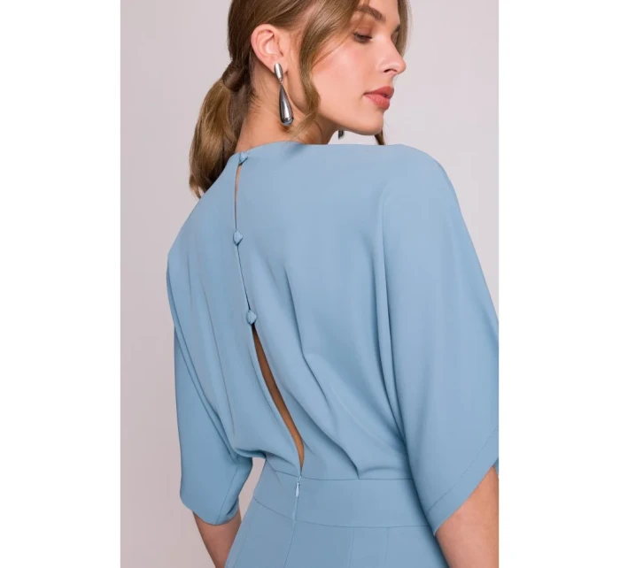 Kombinéza s širokými nohavicemi a výstřihem nebesky modrá model 20966157 - STYLOVE Kombinéza s širokými nohavicemi a výstřihem nebesky modrá model 20966157 - STYLOVE