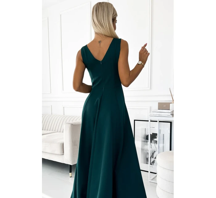 246-5 CINDY dlhé elegantné šaty s výstrihom - ZELENÉ