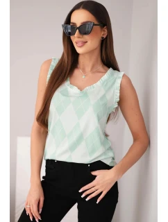 Dámska viskózna blúzka bez rukávov s diamantmi a volánom vo výstrihu mätová