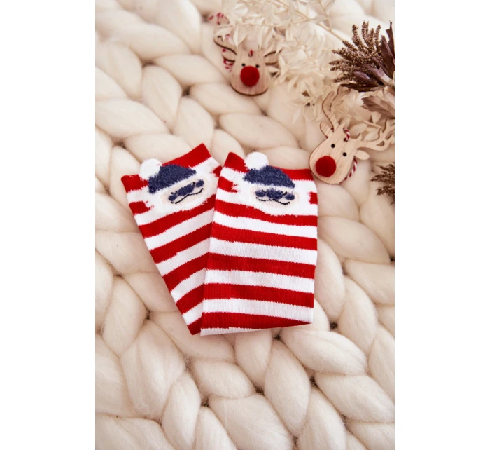 Młodzieżowe Skarpety W Paski Z Mikołajem Biało-Czerwone