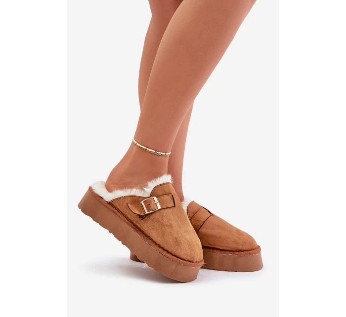 Kapcie Damskie Na Grubej Podeszwie Z Futerkiem I Klamrą Camel Linneola Kapcie Damskie Na Grubej Podeszwie Z Futerkiem I Klamrą Camel Linneola