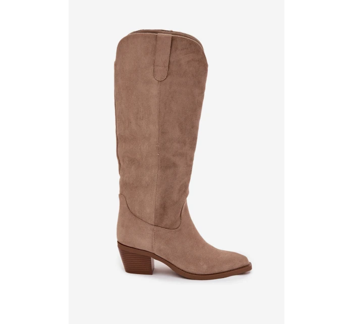 Kozaki Kowbojki Damskie Na Obcasie Z Eko Zamszu Beżowe Esmira