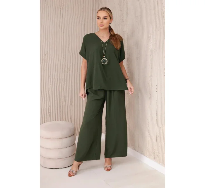 Súprava s náhrdelníkom blúzka + nohavice khaki
