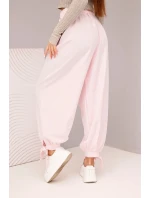 Dámske nohavice so širokými nohavicami a viazaním v spodnej časti candy pink