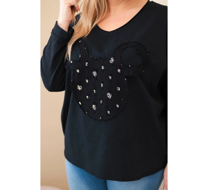 Dámske bavlnené Plus veľkosť V-neck blúzka čierna Dámske bavlnené Plus veľkosť V-neck blúzka čierna