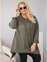 Dámská bavlněná mikina Plus Size s kapucí a pleteným panelem khaki Dámská bavlněná mikina Plus Size s kapucí a pleteným panelem khaki