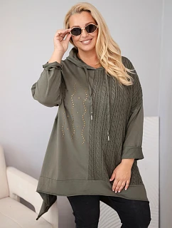 Dámská bavlněná mikina Plus Size s kapucí a pleteným panelem khaki