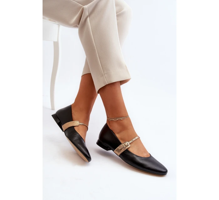 Skórzane Baleriny Damskie Na Płaskim Obcasie Laura Messi 2774 Czarne