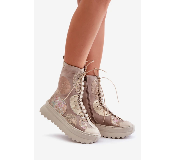Skórzane Zamszowe Botki Na Platformie Ocieplane Maciejka 06565-04 Beżowe