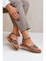 Dámske kožené sandále Zazoo 3688 Brown s plochým leopardím podpätkom