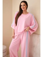 Dámsky viskózový maslový komplet so širokými nohavicami a voľnou blúzkou svetloružový