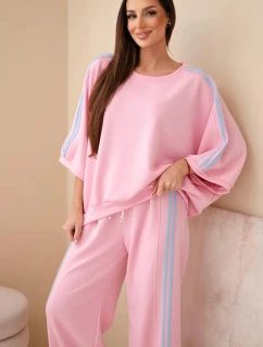 Dámsky viskózový maslový komplet so širokými nohavicami a voľnou blúzkou svetloružový