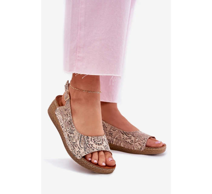 Skórzane Sandały Damskie Na Koturnie Maciejka L7069-04 Beżowe