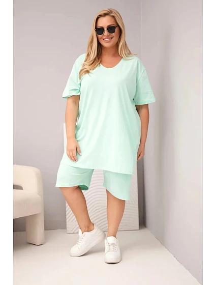 Dámský bavlněný komplet Plus Size s halenkou a šortkami mátový