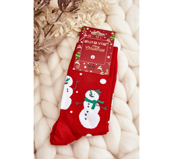 Pánske vianočné bavlnené ponožky so snehuliakmi, červené