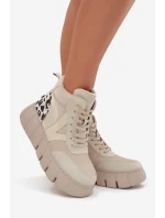 Skórzane Botki Damskie Na Platformie Ocieplane Vinceza 66838 Beżowe