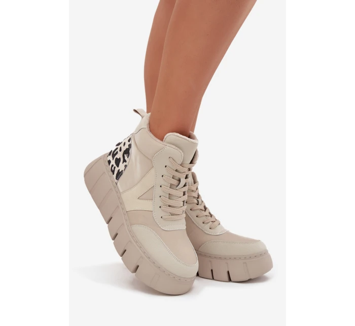 Skórzane Botki Damskie Na Platformie Ocieplane Vinceza 66838 Beżowe