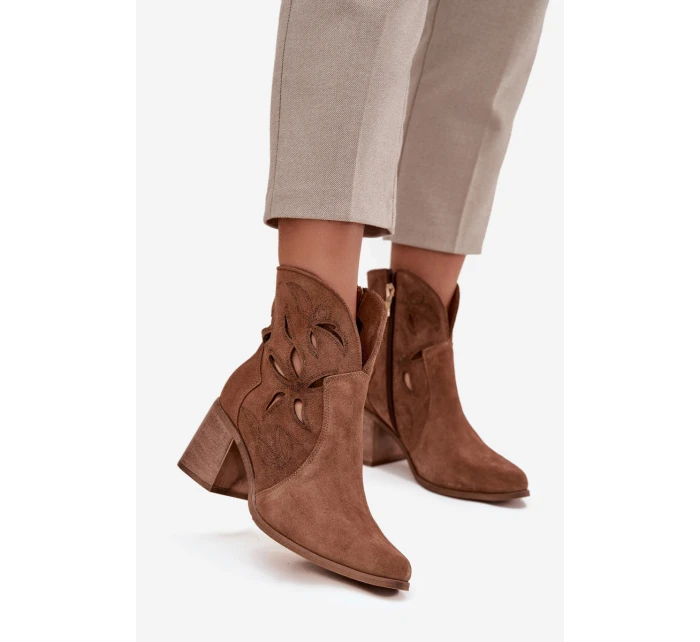 Botki Damskie Ażurowe Z Naturalnego Zamszu Na Słupku Zazoo 3690 Brązowe