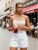 Dámske šortky s vysokým pásom a opaskom, biele, FashionStreet SY0587 Dámske šortky s vysokým pásom a opaskom, biele, FashionStreet SY0587