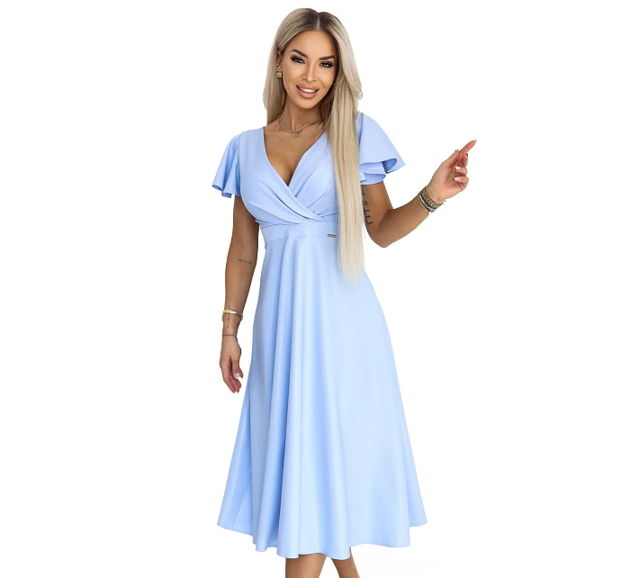 675-1 Midi šaty Blinky s obálkovým výstrihom a brokátovým leskom - modré