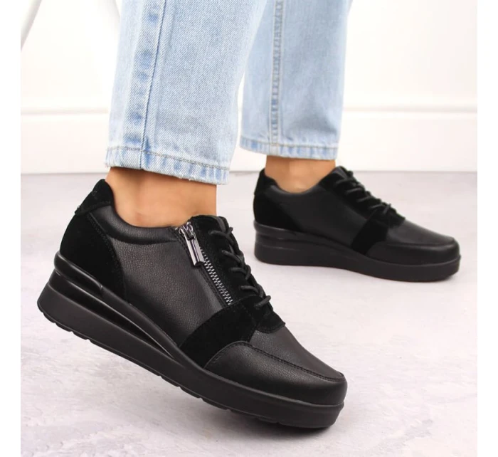 Černé dámské kožené tenisky na podpatku Sergio model 21904571 - LEONE