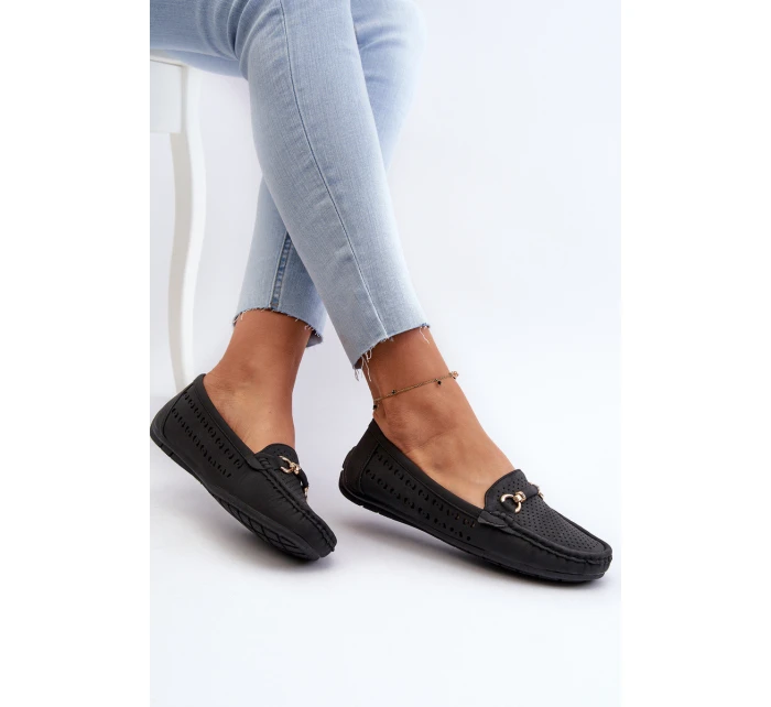 Mokasyny Damskie Ażurowe Z Ozdobą Czarne Kaydance