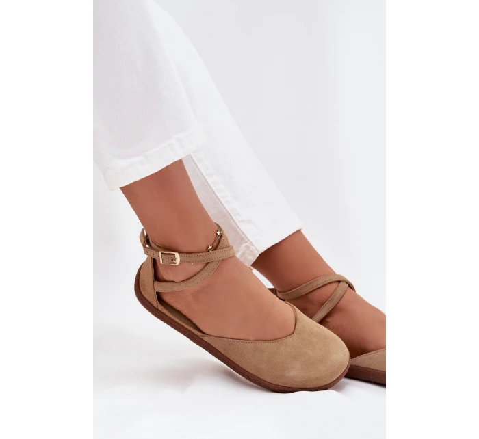 Zamszowe Baleriny Damskie Barefoot Z Paskami Zazoo 191 Beżowe