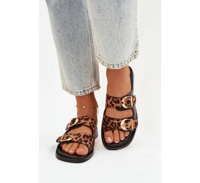 Dámské pantofle se zlatými sponami Leoparda Černo-hnědé Danelle