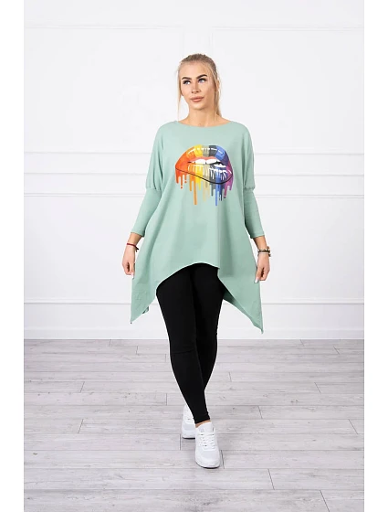 Oversize halenka s potiskem model 18745336 rtů tmavě mátová - K-Fashion