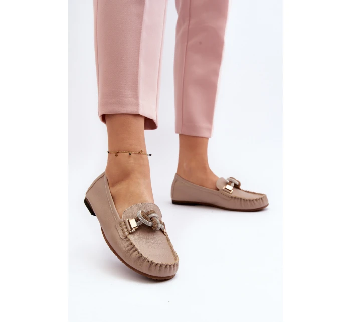 Skórzane Mokasyny Damskie Z Ozdobą Laura Messi 2761 Beżowe