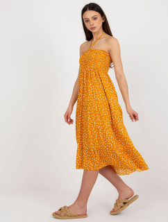 Žlté bodkované midi šaty s volánom