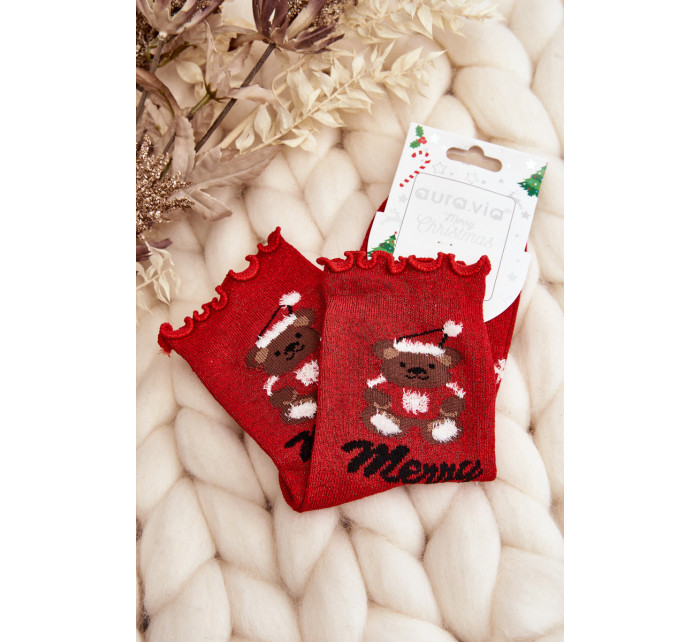 Dámske lesklé vianočné ponožky s červeným medvedíkom